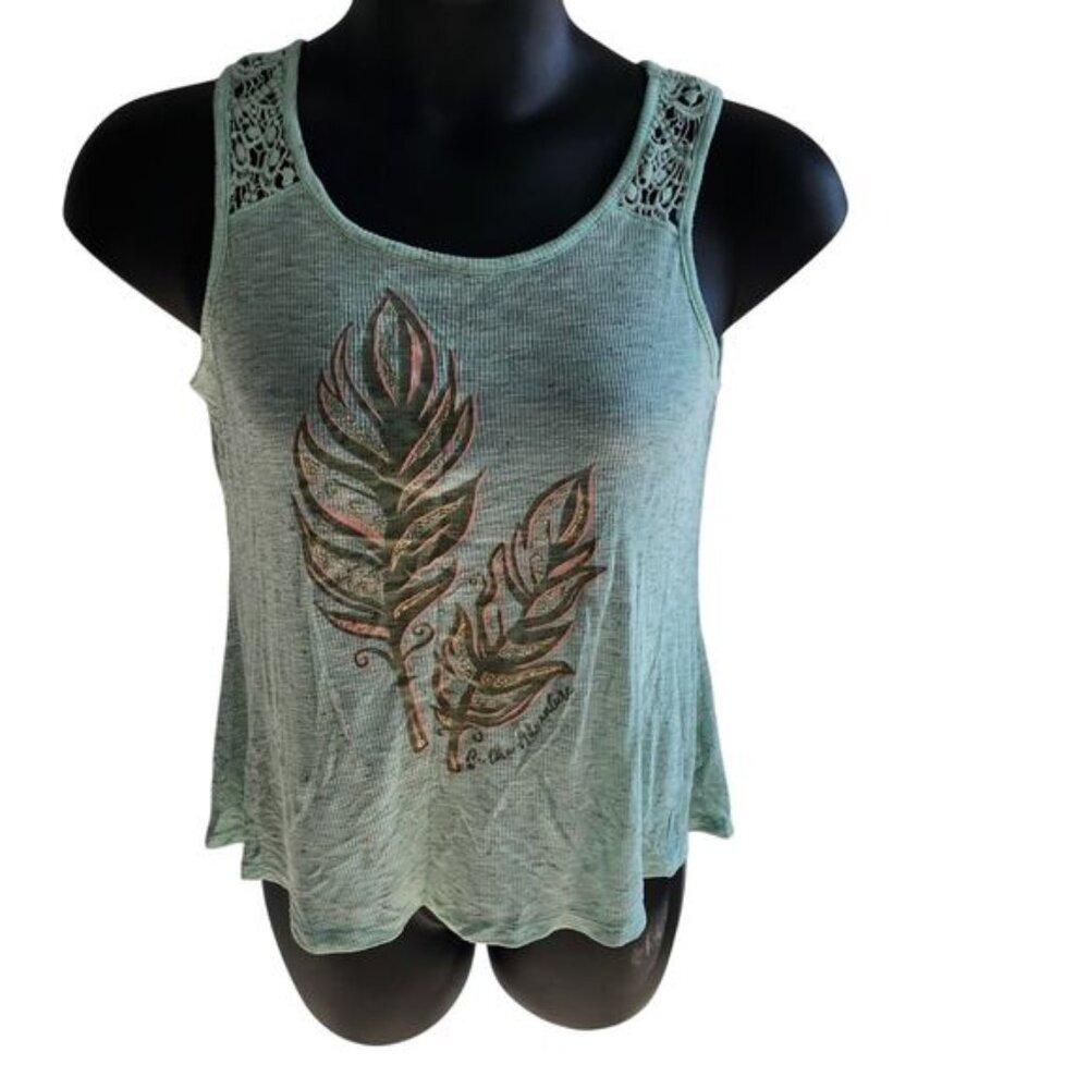 Justice Crochet Tank Top Girl's 18/20 Mint Green with Leaf Print NWOT